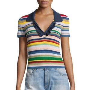 Alice + Olivia Martha Striped Ruffle-Trim Polo Shirt. Size M/L